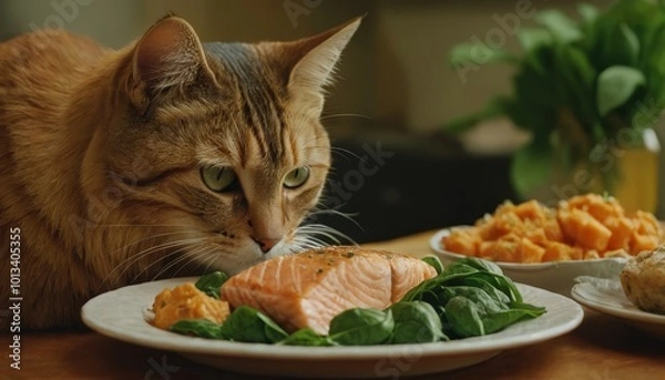 Fototapeta A cat savoring a gourmet meal with fresh, nutritious ingredients like salmon and vegetables, highlighting the importance of balanced feline nutrition