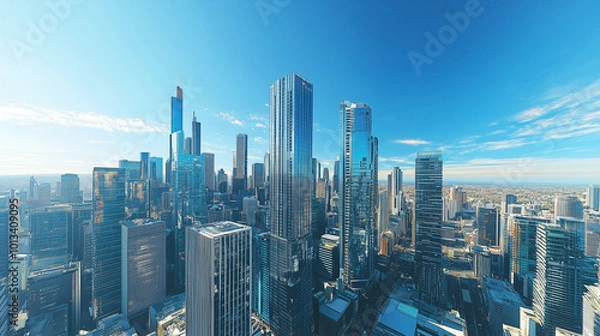 Fototapeta Aerial View of City Skyline and High-Rise Buildings Under Blue Sky and White Clouds