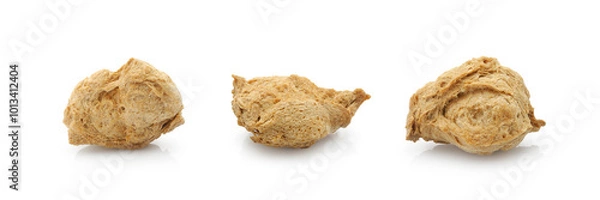 Fototapeta Set of textured soy chunks, vegetable protein for healthy life. Dry vegan meat isolated on white background.	   