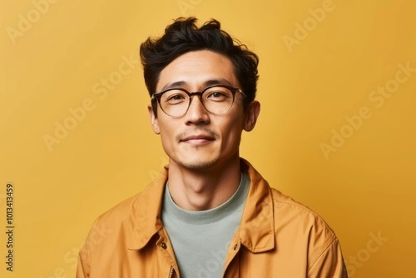 Obraz Portrait of handsome asian man in yellow jacket and glasses on yellow background