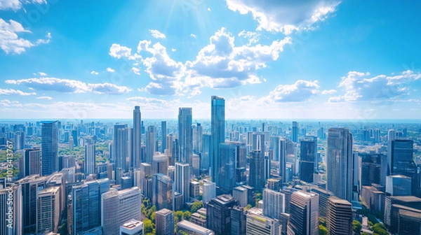 Fototapeta City Skyline and Skyscrapers Under Blue Sky and White Clouds Aerial View