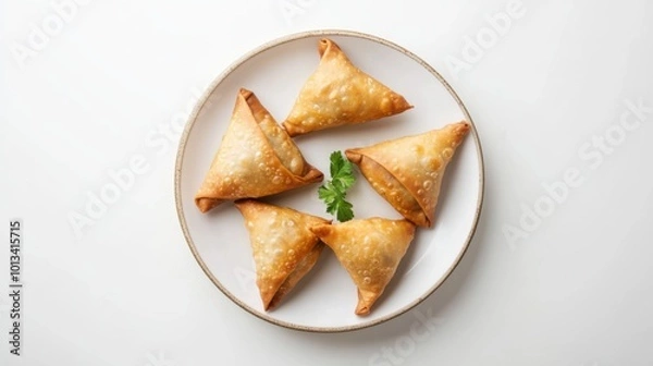 Fototapeta Samosa on a plate, on white plain isolated, top view