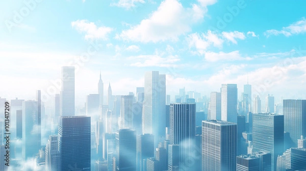 Fototapeta Aerial View of City Skyline and High-Rise Buildings Under Blue Sky and White Clouds