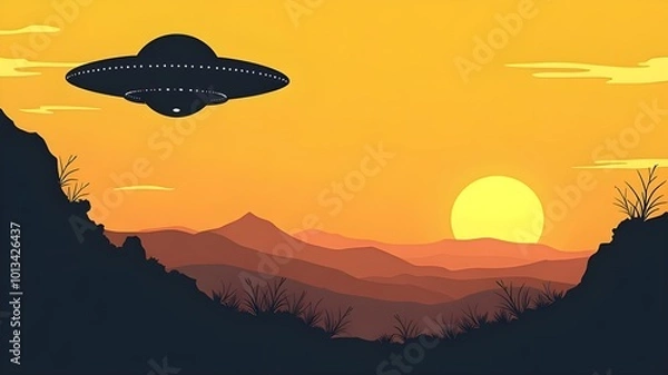 Fototapeta World Science Fiction Day  concept with A flying saucer on a dark yellow and orange gradient background.
