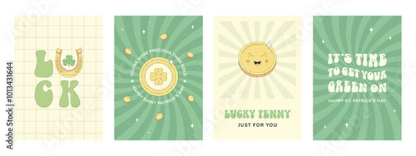 Fototapeta Groovy St. Patrick's Day. Lucky penny character, gold coins, horseshoe, shamrock, good luck wishes. A set of funny holiday cards with cheerful messages.