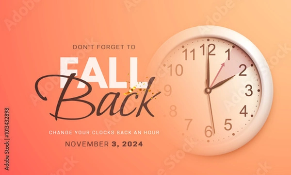 Obraz Daylight saving time is over. Fall back concept banner with realistic wall clock and golden confetti on bright peach background. The clock turns back one hour on November 3, 2024. Vector illustration