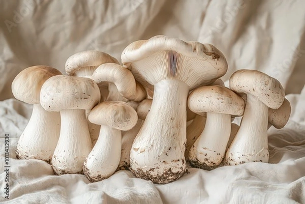 Fototapeta  Rustic arrangement of porcini mushrooms, their plump caps and stout stems paired with light, airy crispa mushrooms.
