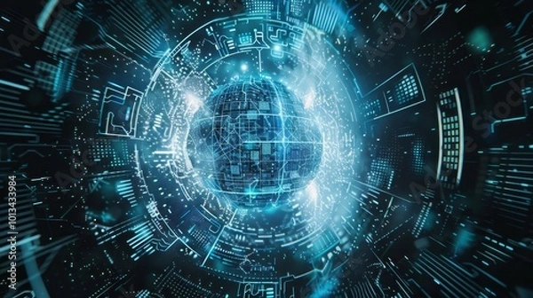 Fototapeta Futuristic blue abstract background with neural network and circuit board designs symbolizing ai
