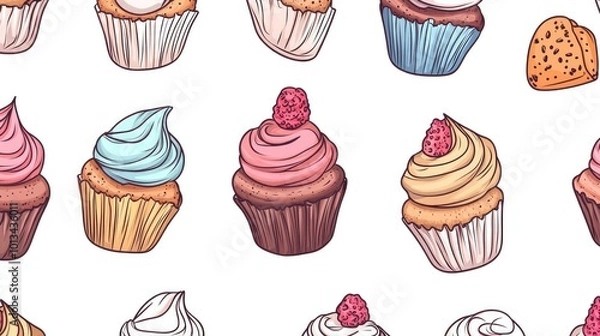 Fototapeta Seamless Pattern Hand-Drawn Colorful Cupcake Pattern on White Background