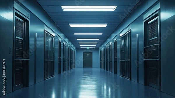 Fototapeta Interior of a prison corridor with rows of cells and locked doors, illuminated by ceiling lights.