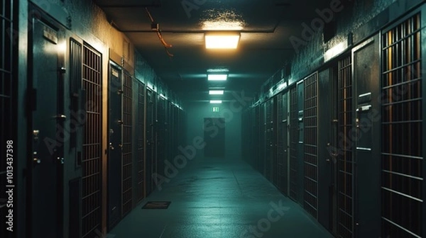 Fototapeta Interior of a prison corridor with rows of cells and locked doors, illuminated by ceiling lights.