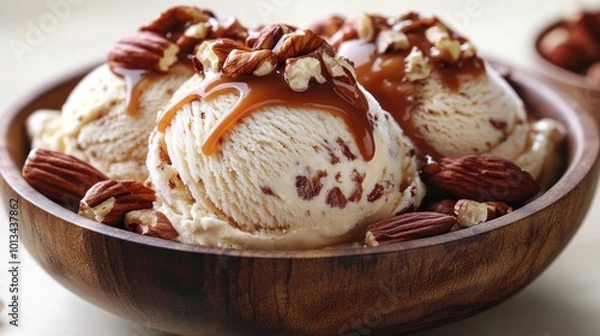 Fototapeta Creamy caramel pecan ice cream topped with rich sauce and crunchy nuts in a bowl