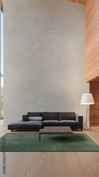 Fototapeta Modern lounge area with sleek furniture and large windows in a contemporary home design