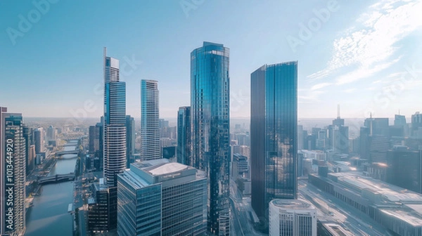 Fototapeta City Skyline and Skyscrapers Under Blue Sky and White Clouds Aerial View