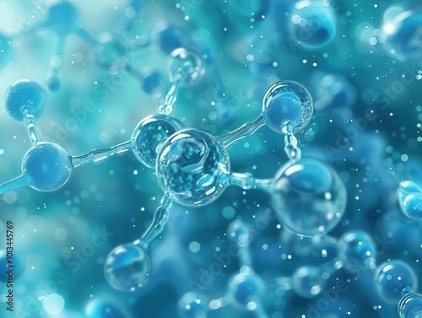 Fototapeta microscopic view of glass-like molecular structures floating in vibrant blue liquid, representing scientific research or environmental concept