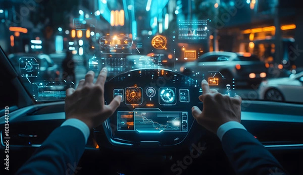 Fototapeta Futuristic Intelligent Car with Graphical User Interface at Night Heads-Up Display, Internet of Things, Connected Vehicle Technology with Interactive HUD Display design