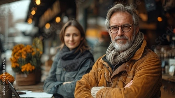 Obraz A man and woman sit outside a café, enjoying the ambiance with flowers in the background.