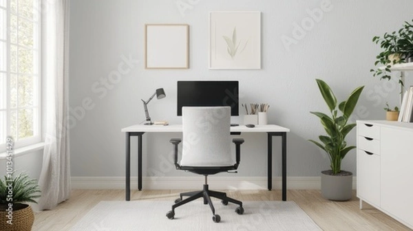 Fototapeta Home office setup with desk, computer, and chair