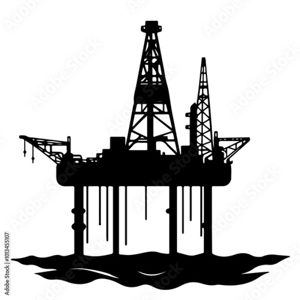 Fototapeta Vector illustration of a black silhouette offshore oil rig in the sea, highlighting oil drilling operations in a marine setting.