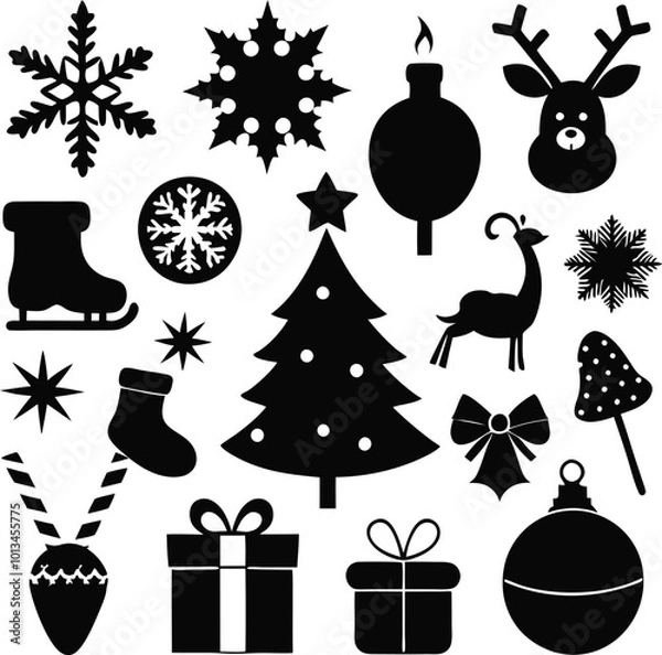 Fototapeta Black Silhouette Icon Set of Christmas Elements Festive Stock Illustrations