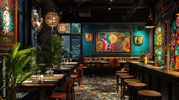 Fototapeta A stylish Indian restaurant with contemporary furnishings and vibrant Indian art, creating an inviting and unique dining experience.