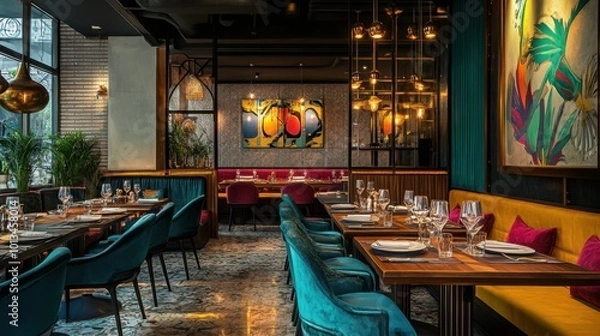 Fototapeta A stylish Indian restaurant with contemporary furnishings and vibrant Indian art, creating an inviting and unique dining experience.