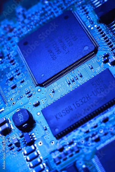 Obraz Blue computer board with chips and components