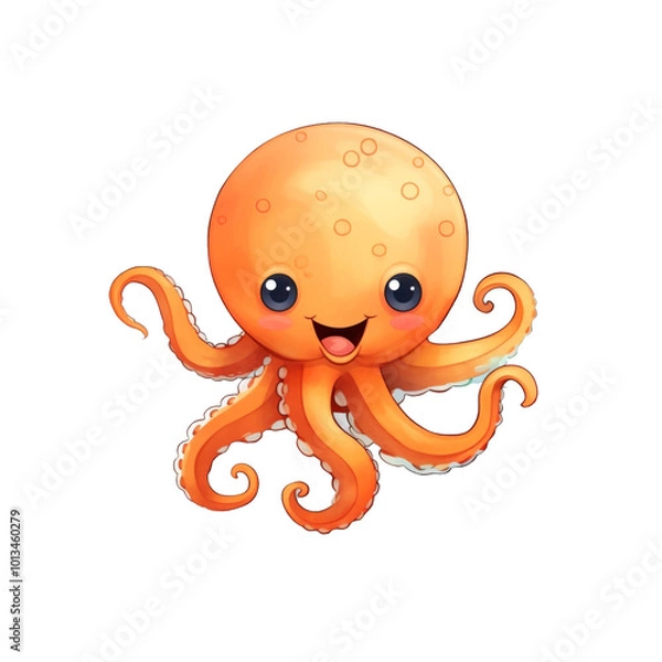 Obraz a smiling cartoon octopus with an orange head and purple tentacles. Suitable for children's books, educational materials, and marine related designs. Generative AI