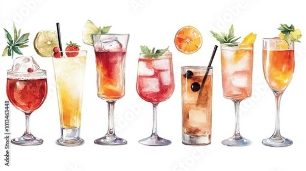 Obraz watercolor cocktail collection vibrant hand-painted illustrations of various cocktails on white background. colorful and whimsical beverage art with loose, expressive style.