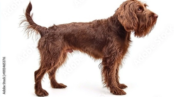 Fototapeta A Wirehaired Pointing Griffon stands proudly, its shaggy coat glistening while its expressive eyes gleam with curiosity, creating a captivating presence against a blank white background.