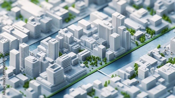 Fototapeta An isometric map or scheme of a city including roads, buildings, and infrastructure.