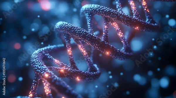 Obraz 3D Close-Up of Glowing DNA Strands Symbolizing Health Equity and Human Dignity for Human Rights Day - Macro Shot Highlighting Genetic Justice and Health Rights