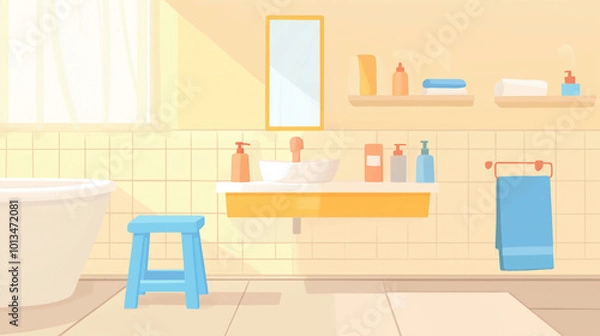 Fototapeta Modern Bathroom Sink Area with Colorful Bottles and Soft Towels
