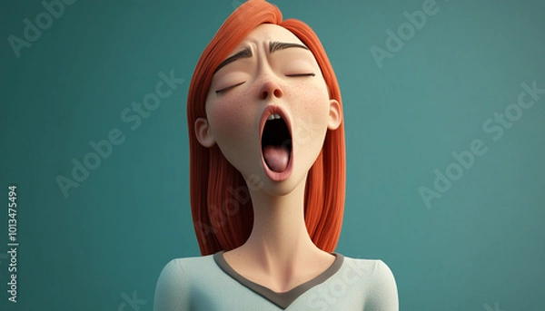 Fototapeta Yawning Animated Character with Red Hair in Cartoon Style: 3D Illustration of Fatigue and Boredom in Creative Design