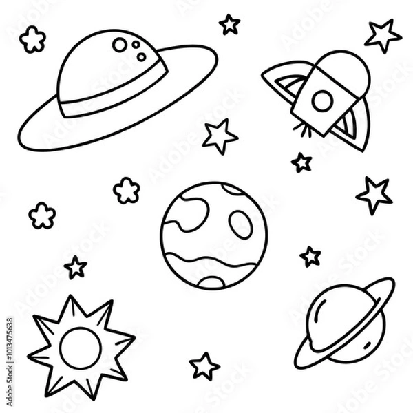 Fototapeta space objects in doodle style outline coloring book page line art drawing