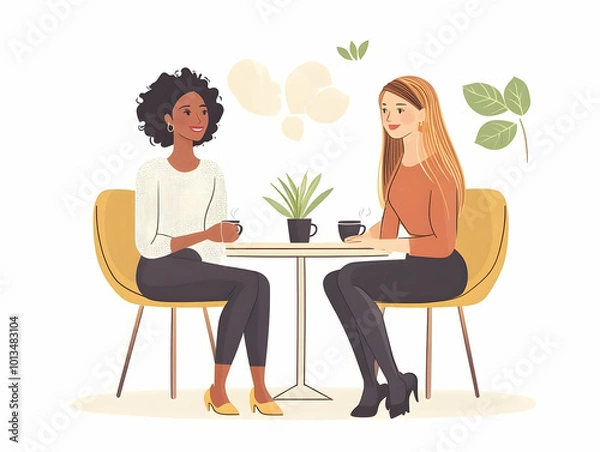 Fototapeta Flat Vector Illustration of Candid Coffee Conversation Between Women of Different Cultures in a Cozy Caf? - Celebrating Unity and Human Connection