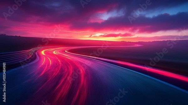 Fototapeta A race track with a blurred trail of light from a car during a sunset.