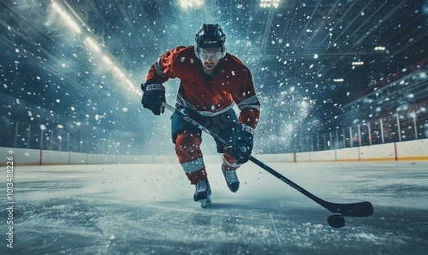Fototapeta Ice Hockey Rink Arena: Professional Player Shooting the Puck with Hockey Stick. Focus on 3D Flying Puck with Blur Motion Effect. Dramatic Wide Shot, Cinematic