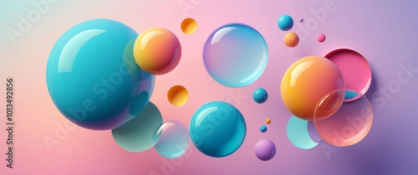 Fototapeta A futuristic, stylized set of cut-out geometric shapes, each a vibrant, gradient bubble, suspended in mid-air without any background, creating a mesmerizing, abstract, 3D-like effect .