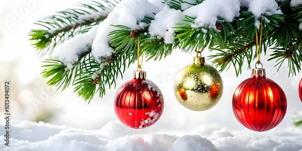 Fototapeta Glossy Christmas Ornaments Dangle from Snow-Covered Tree Branch, Creating a Festive Winter Background with Copy Space