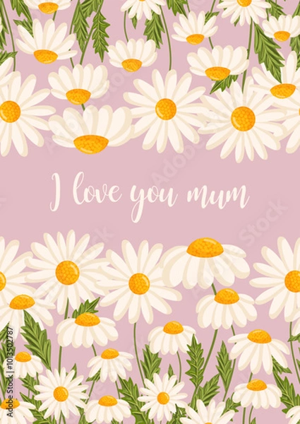 Fototapeta Mother's day greeting card. Seamless pattern for postcard or poster with daisies. Chamomile vector floral illustration for congratulations or decor etc. Festive template can add text.