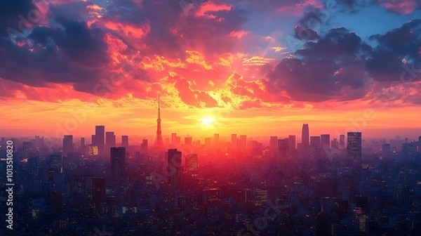 Fototapeta A vibrant sunset casts a fiery glow over a sprawling cityscape, creating a dramatic and awe-inspiring scene.