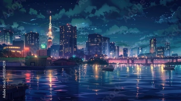 Fototapeta A vibrant city skyline at night, reflecting lights on water with a serene atmosphere.