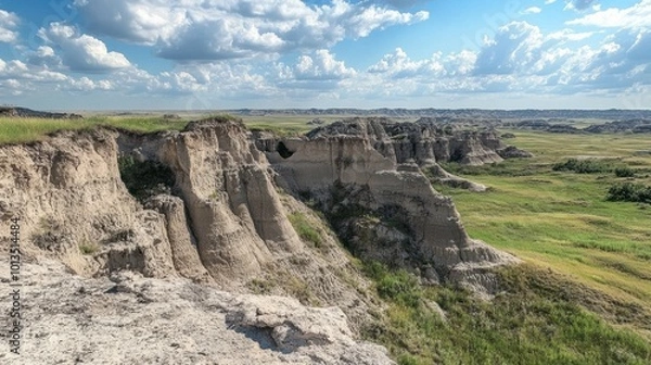 Fototapeta Eroded badlands landscape, with steep cliffs and jagged rock formations