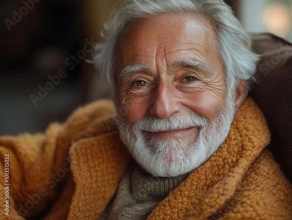 Obraz portrait of a joyful elderly man with a bright smile sitting comfortably on a cozy sofa warm natural light filtering through a window creating an inviting and cheerful indoor atmosphere