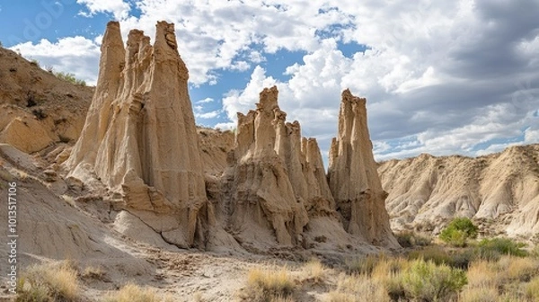 Obraz Erosion forming sharp rock spires in a desert, with layers of sediment exposed by wind and water
