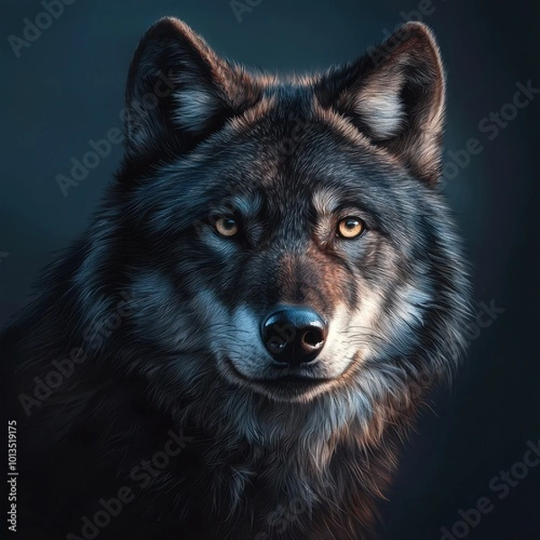 Fototapeta A majestic wolf with striking features on a dark background.