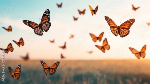 Fototapeta A swarm of monarch butterflies flying across a vast open field during their migration