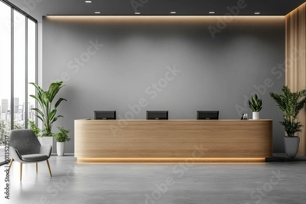 Obraz Gray and wooden bank interior with teller counters and blank wall, Generative AI