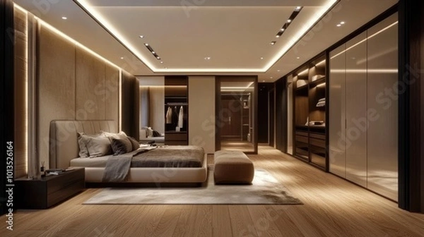 Fototapeta A modern, elegant bedroom featuring polished wooden floors, a spacious wardrobe, and a minimalist entrance, evoking a sense of luxury